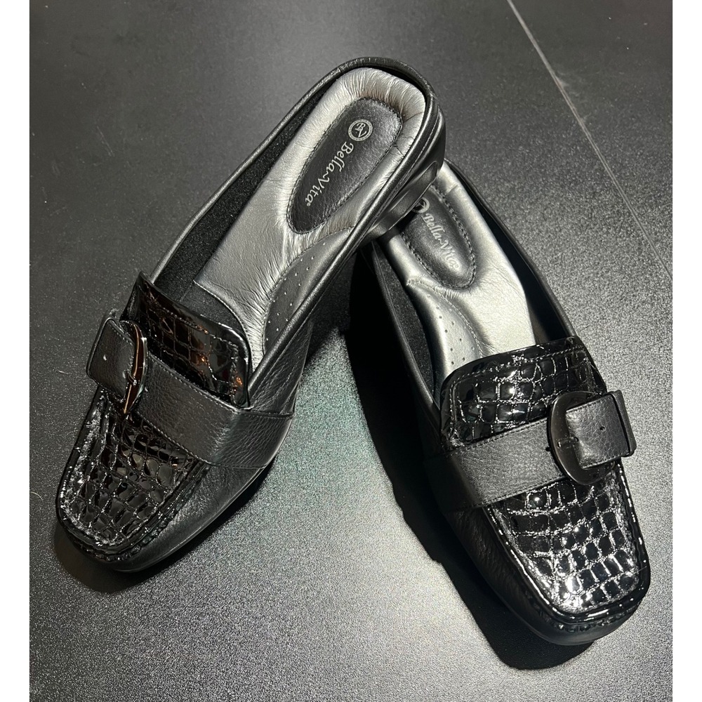 Bella Vita Womens Black Leather Croc‎ Embossed Buckle Mule Loafers Size 8.5 M